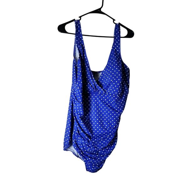 TrimShaper One Piece Swimsuit Size 24W Blue White Polka Dot Retro Bathing Suit - Picture 1 of 5